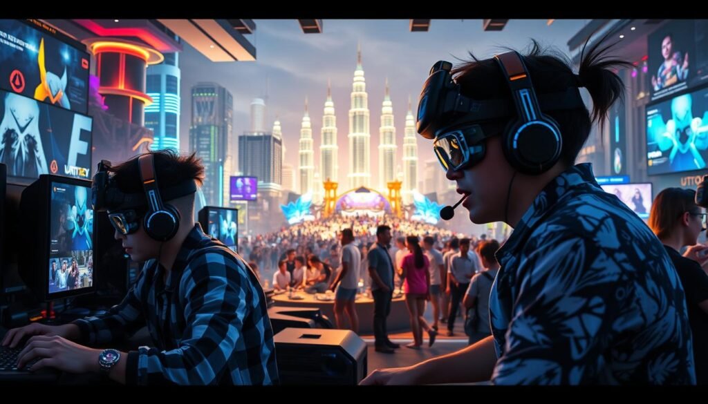 A vibrant and immersive online entertainment experience unfolds, showcasing UTown's advanced digital realm. In the foreground, gamers engage in competitive e-sports matches, their expressions intense as they navigate intricate virtual arenas. The middle ground reveals a bustling social hub, where UTown residents gather to enjoy interactive experiences, from virtual reality rollercoasters to holographic concerts. In the background, a futuristic skyline of gleaming towers and shimmering holograms sets the scene, capturing the city's cutting-edge technology and boundless creativity. Soft lighting casts a warm glow, heightening the sense of immersion and wonder. A cinematic lens and dynamic camera angles bring this digital wonderland to life, inviting the viewer to step into the heart of UTown's vibrant online entertainment ecosystem. A vibrant and immersive online entertainment experience unfolds, showcasing UTown's advanced digital realm. In the foreground, gamers engage in competitive e-sports matches, their expressions intense as they navigate intricate virtual arenas. The middle ground reveals a bustling social hub, where UTown residents gather to enjoy interactive experiences, from virtual reality rollercoasters to holographic concerts. In the background, a futuristic skyline of gleaming towers and shimmering holograms sets the scene, capturing the city's cutting-edge technology and boundless creativity. Soft lighting casts a warm glow, heightening the sense of immersion and wonder. A cinematic lens and dynamic camera angles bring this digital wonderland to life, inviting the viewer to step into the heart of UTown's vibrant online entertainment ecosystem.