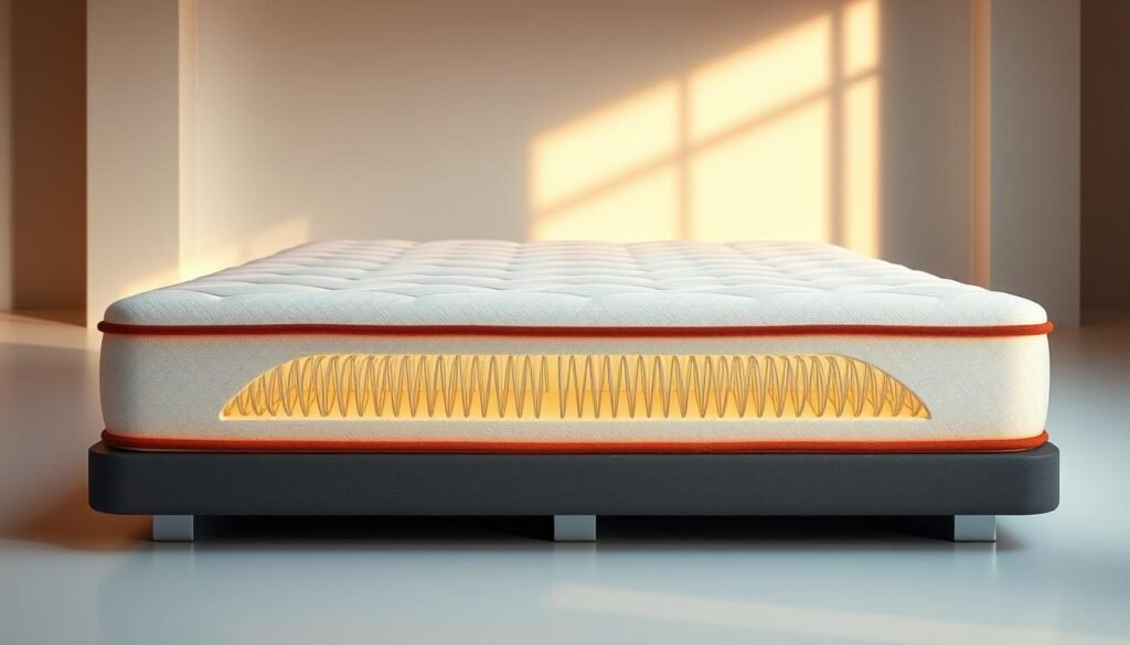 A StylesMaven handcrafted independent spring mattress in a modern, well-lit studio setting. The mattress features a sleek, minimalist design with intricate stitching patterns across the surface. The springs are visible through a transparent, high-quality material, showcasing the innovative construction. Soft, warm lighting illuminates the mattress, highlighting its plush, supportive textures. The overall composition exudes a sense of comfort, durability, and technological advancement in spring mattress design.