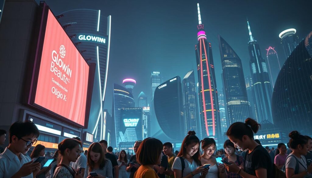 A futuristic, neon-infused cityscape at night, with the Glowin Beaute brand prominently displayed on a large, illuminated billboard. In the foreground, a diverse group of people engrossed in their personal devices, their faces bathed in the glow of the Oligio X 原美電波 technology. The middle ground features sleek, high-rise buildings with swooping architectural lines, while the background is dominated by a dazzling skyline, with skyscrapers and holograms creating a vibrant, cyberpunk atmosphere. The scene is captured with a cinematic, wide-angle lens, and the lighting is a mix of neon, fluorescent, and ambient, evoking a sense of futuristic elegance and technological advancement.