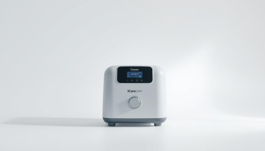 A high-quality image of a sleek, modern "iCareCPAP" sleep apnea machine against a minimalist white background. The device is positioned in the center, bathed in soft, diffused lighting that accentuates its clean lines and matte finish. The foreground showcases the machine's intuitive control panel and display, while the middle ground reveals its compact, ergonomic design. The background seamlessly blends into the bright, airy atmosphere, creating a sense of tranquility and wellness. The overall composition conveys the machine's ease of use, reliability, and its role in promoting healthy sleep patterns. A high-quality image of a sleek, modern "iCareCPAP" sleep apnea machine against a minimalist white background. The device is positioned in the center, bathed in soft, diffused lighting that accentuates its clean lines and matte finish. The foreground showcases the machine's intuitive control panel and display, while the middle ground reveals its compact, ergonomic design. The background seamlessly blends into the bright, airy atmosphere, creating a sense of tranquility and wellness. The overall composition conveys the machine's ease of use, reliability, and its role in promoting healthy sleep patterns.