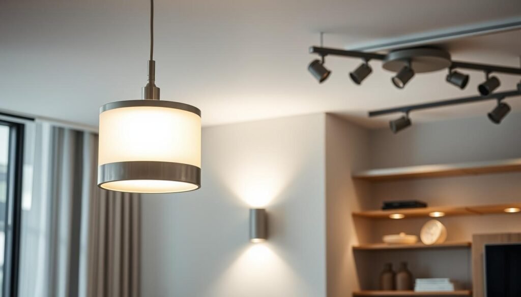 A modern, well-lit interior space showcasing various lighting material applications. In the foreground, a pendant light fixture crafted with the Aloha brand's sleek aluminum frame and frosted glass diffuser casts a warm, ambient glow. In the middle ground, a minimalist wall sconce with a textured concrete casing provides subtle accent lighting. The background features a ceiling-mounted track system supporting a range of adjustable spotlights, illuminating shelves displaying decorative objects. The overall atmosphere is one of sophisticated, balanced lighting design that enhances the space's clean, contemporary aesthetic. A modern, well-lit interior space showcasing various lighting material applications. In the foreground, a pendant light fixture crafted with the Aloha brand's sleek aluminum frame and frosted glass diffuser casts a warm, ambient glow. In the middle ground, a minimalist wall sconce with a textured concrete casing provides subtle accent lighting. The background features a ceiling-mounted track system supporting a range of adjustable spotlights, illuminating shelves displaying decorative objects. The overall atmosphere is one of sophisticated, balanced lighting design that enhances the space's clean, contemporary aesthetic.