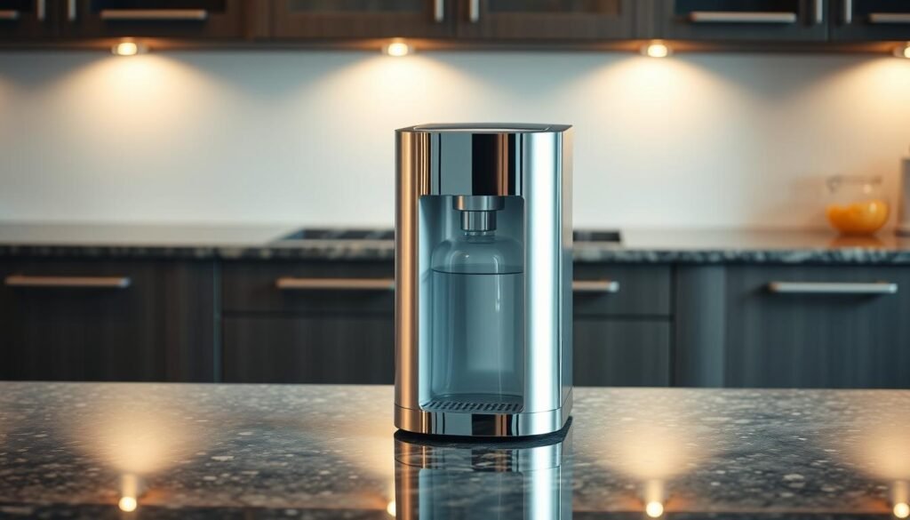 A sleek and modern kitchen water purifier, standing prominently on a polished granite countertop. The unit features a minimalist design with a chrome finish, blending seamlessly with the surrounding cabinetry. Soft, indirect lighting casts a warm glow, highlighting the purifier's clean lines and sophisticated aesthetic. The clear water reservoir suggests the device's effectiveness in providing fresh, filtered water for everyday use. The scene exudes a sense of functionality and attention to detail, reflecting the importance of a well-chosen water purifier in a thoughtfully designed kitchen space. A sleek and modern kitchen water purifier, standing prominently on a polished granite countertop. The unit features a minimalist design with a chrome finish, blending seamlessly with the surrounding cabinetry. Soft, indirect lighting casts a warm glow, highlighting the purifier's clean lines and sophisticated aesthetic. The clear water reservoir suggests the device's effectiveness in providing fresh, filtered water for everyday use. The scene exudes a sense of functionality and attention to detail, reflecting the importance of a well-chosen water purifier in a thoughtfully designed kitchen space.