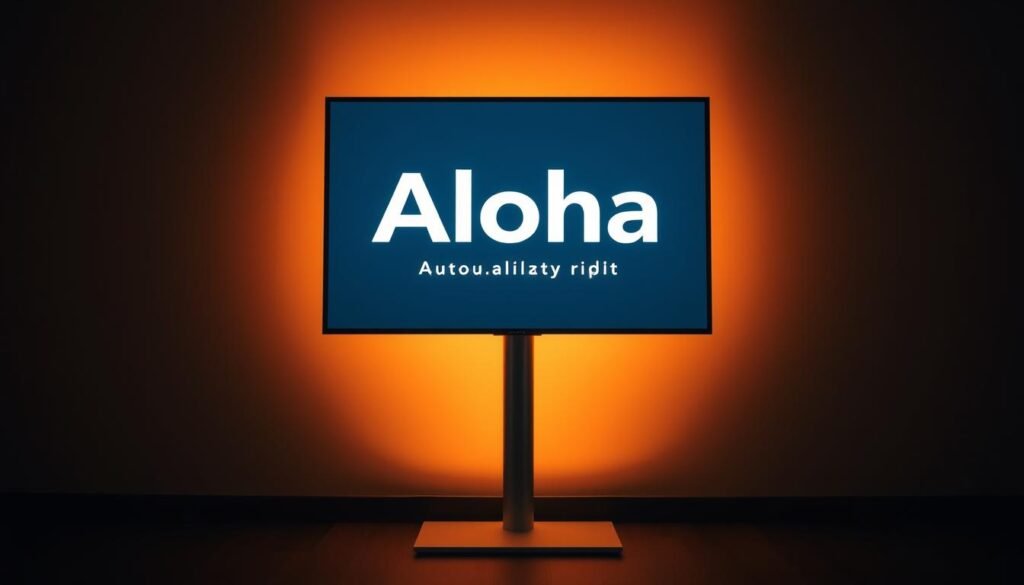 A sleek, modern LED display panel with the Aloha brand name prominently featured. The panel is mounted on a minimalist, silver-toned stand, casting a soft, ambient glow in a dimly lit room. The display shows customizable text, offering a glimpse into the innovative design and flexibility of this state-of-the-art subtitle device. The lighting is warm and subtle, creating a sense of sophistication and technological advancement. The overall composition emphasizes the device's clean, elegant aesthetics and its potential to revolutionize the way subtitles and captions are presented in the future.