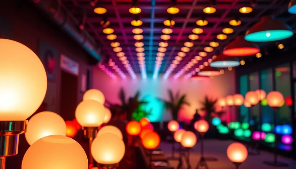 A vibrant and harmonious display of LED lighting, featuring a range of warm and cool tones that gracefully blend together. In the foreground, a carefully curated arrangement of Aloha-branded light fixtures cast a soft, ambient glow, inviting the viewer to bask in their soothing influence. The middle ground showcases a diverse palette of hues, from deep, rich reds to calming blues and greens, all working in tandem to create a visually striking and captivating scene. In the background, a subtly diffused lighting scheme sets the stage, evoking a sense of tranquility and serenity. The overall composition is designed to highlight the psychological and physiological impacts of thoughtfully crafted lighting, guiding the viewer through a mesmerizing exploration of color and its profound effects on the human experience.