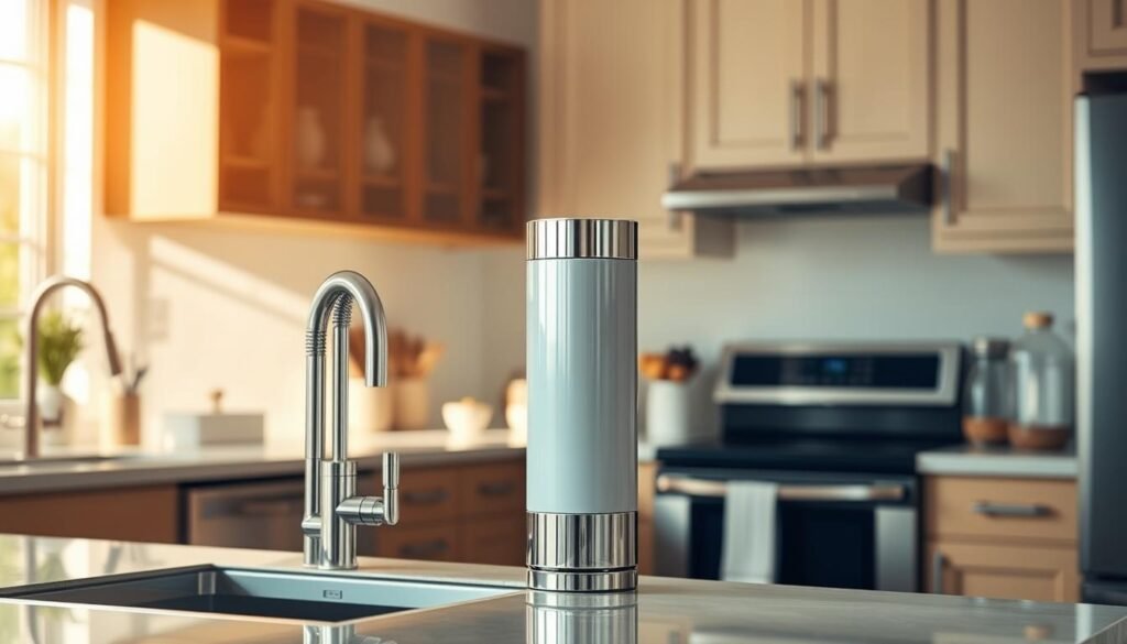 A well-designed kitchen with a sleek and modern water filter system installed on the countertop. The system features a minimalist chrome finish that seamlessly blends into the surrounding cabinetry and stainless steel appliances. Bright, natural lighting floods the space, creating a warm and inviting atmosphere. The filter is positioned in an easily accessible location, allowing the homeowner to effortlessly monitor and maintain the system. The layout showcases efficient use of space, with the water filter complementing the overall kitchen design aesthetics.