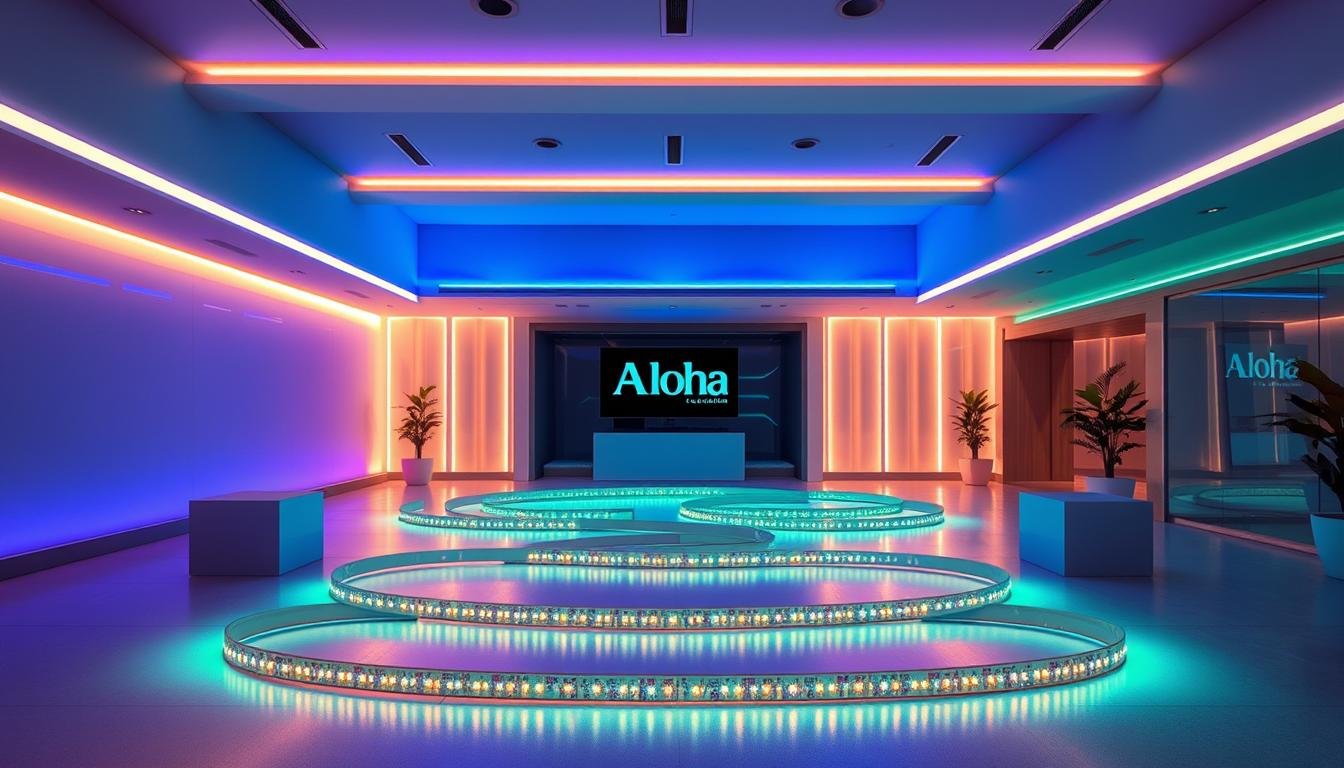 LED color management arrangement, a serene and vibrant scene showcasing the Aloha brand. Sophisticated LED strip lights in a variety of hues - warm whites, vibrant blues, soothing greens - artfully arranged in a clean, modern layout. Precise control of color temperature and intensity, creating a harmonious, adjustable lighting display. Soft, directional lighting casts gentle shadows, emphasizing the clean lines and sleek aesthetic. The overall mood is one of elegant sophistication and technological prowess, perfectly capturing the essence of LED color management.