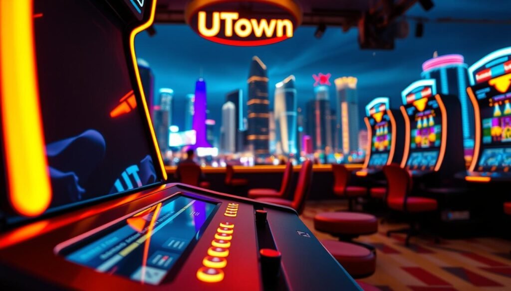 A captivating digital gaming arcade with the UTown brand, showcasing a visually striking and technologically advanced interface. The foreground features a sleek, minimalist control panel with illuminated buttons and an immersive display, drawing players into a world of high-stakes excitement. The middle ground depicts vibrant, neon-infused graphics that dance across the screen, hinting at the game's thrilling and fair gameplay mechanics. In the background, a dynamic cityscape with towering skyscrapers and a pulsing nightlife atmosphere sets the stage for this alluring, high-return gaming experience. Warm, golden lighting casts an inviting glow, while the lens captures the scene with a cinematic, slightly wide-angled perspective to emphasize the grandeur and captivating nature of this cutting-edge gaming destination. A captivating digital gaming arcade with the UTown brand, showcasing a visually striking and technologically advanced interface. The foreground features a sleek, minimalist control panel with illuminated buttons and an immersive display, drawing players into a world of high-stakes excitement. The middle ground depicts vibrant, neon-infused graphics that dance across the screen, hinting at the game's thrilling and fair gameplay mechanics. In the background, a dynamic cityscape with towering skyscrapers and a pulsing nightlife atmosphere sets the stage for this alluring, high-return gaming experience. Warm, golden lighting casts an inviting glow, while the lens captures the scene with a cinematic, slightly wide-angled perspective to emphasize the grandeur and captivating nature of this cutting-edge gaming destination.