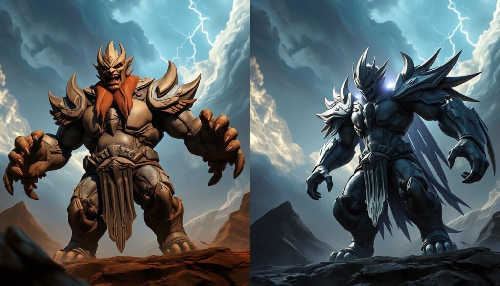 A detailed side-by-side comparison of the UTown Thundergod test version and the official release. In the foreground, the test version exhibits a rugged, unpolished aesthetic with bold, expressive brushstrokes and a raw, dynamic energy. In the middle ground, the official version showcases a more refined, polished appearance with sleek lines, subtler shading, and a sense of power and grandeur. The background depicts a mythical, storm-swept landscape with dramatic lighting and towering clouds, emphasizing the divine, supernatural nature of the Thundergod. The overall mood is one of awe, power, and the evolution from early prototype to final, perfected form. A detailed side-by-side comparison of the UTown Thundergod test version and the official release. In the foreground, the test version exhibits a rugged, unpolished aesthetic with bold, expressive brushstrokes and a raw, dynamic energy. In the middle ground, the official version showcases a more refined, polished appearance with sleek lines, subtler shading, and a sense of power and grandeur. The background depicts a mythical, storm-swept landscape with dramatic lighting and towering clouds, emphasizing the divine, supernatural nature of the Thundergod. The overall mood is one of awe, power, and the evolution from early prototype to final, perfected form.
