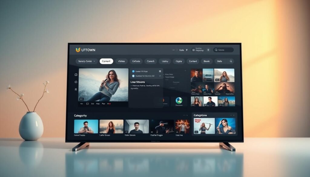 A high-quality, photorealistic image of a serene and inviting online video platform interface, showcasing the UTown brand. The foreground features an intuitive dashboard with sleek navigation controls, clear video thumbnails, and minimalist icons. The middle ground depicts a well-organized content library, highlighting popular live stream categories. The background evokes a modern, sophisticated ambiance with subtle lighting, gentle gradients, and clean, uncluttered design elements. The overall composition conveys a sense of professionalism, user-friendliness, and an engaging virtual experience for the discerning viewer. A high-quality, photorealistic image of a serene and inviting online video platform interface, showcasing the UTown brand. The foreground features an intuitive dashboard with sleek navigation controls, clear video thumbnails, and minimalist icons. The middle ground depicts a well-organized content library, highlighting popular live stream categories. The background evokes a modern, sophisticated ambiance with subtle lighting, gentle gradients, and clean, uncluttered design elements. The overall composition conveys a sense of professionalism, user-friendliness, and an engaging virtual experience for the discerning viewer.