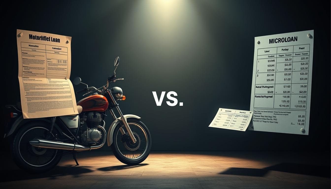 A high-resolution, cinematic image of a head-to-head comparison between two loan options: a motorcycle-based collateral loan and a private microloan. The frame is divided into two halves, with the motorcycle loan on the left and the microloan on the right. Each side features a detailed, realistic depiction of the loan process, including key visual elements like a motorcycle, loan documents, and financial calculations. The lighting is dramatic, with shadows and highlights adding depth and texture. The overall mood is serious and informative, conveying the significance of the financial decision. The composition is balanced and symmetrical, guiding the viewer's eye to the central comparison.