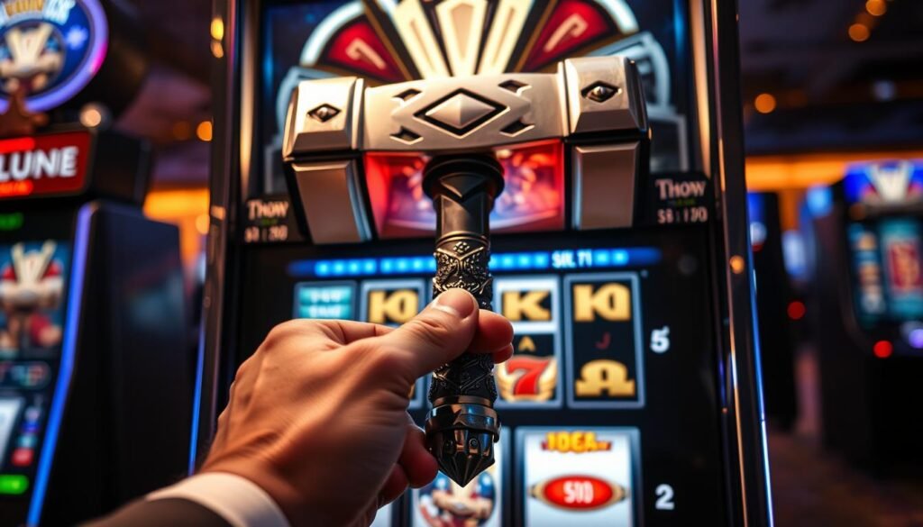 A high-stakes slot machine scene featuring the mighty Thor's Hammer at the center of the frame. The hammer rests atop a sleek UTown slot machine, its surface gleaming under dramatic lighting. Thor's mythical weapon infuses the machine with an air of mystique and power. In the foreground, a player's hands grip the lever, poised to pull and test their luck against the machine's reels. The background blurs out, keeping the focus on the pivotal moment of the game. An aura of intensity and anticipation fills the air, as the player attempts to harness the Thor's Hammer's legendary abilities for a big win. A high-stakes slot machine scene featuring the mighty Thor's Hammer at the center of the frame. The hammer rests atop a sleek UTown slot machine, its surface gleaming under dramatic lighting. Thor's mythical weapon infuses the machine with an air of mystique and power. In the foreground, a player's hands grip the lever, poised to pull and test their luck against the machine's reels. The background blurs out, keeping the focus on the pivotal moment of the game. An aura of intensity and anticipation fills the air, as the player attempts to harness the Thor's Hammer's legendary abilities for a big win.