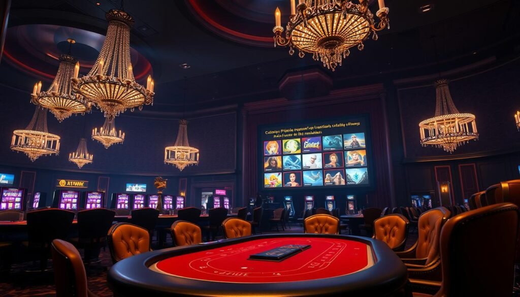 A lavish and immersive UTown casino interior, with plush velvet chairs, sparkling chandeliers, and a high-stakes gaming table in the foreground. The atmosphere is one of exclusivity and luxury, with muted lighting and a sense of refined sophistication. In the background, a large screen displays various game icons, showcasing the exclusive privileges and VIP experiences available to UTown's esteemed "Dà Shén" (Godly) members.