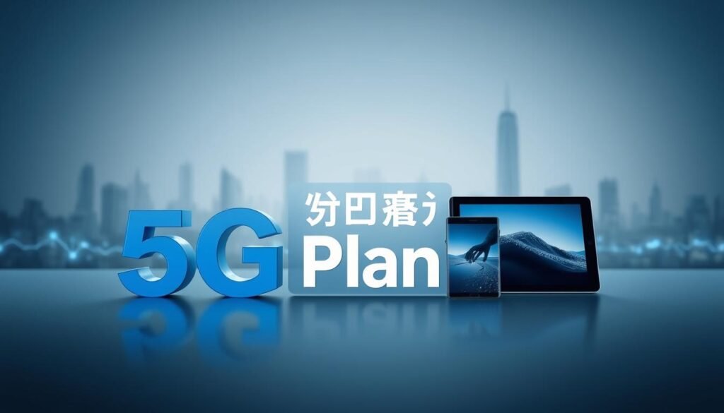 A meticulously designed 5G mobile plan interface for Telecombrother, showcasing a sleek and modern aesthetic. The foreground features a bold, minimal typographic layout highlighting the "5G Plan續約優惠" offer, with clean lines and a sophisticated color palette of blues and grays. The middle ground showcases an array of devices, including a smartphone and tablet, seamlessly integrated into the design. The background depicts a subtle, blurred cityscape, suggesting the connectivity and coverage of the 5G network. The overall composition conveys a sense of technology, professionalism, and the value proposition of the 5G plan renewal offer.