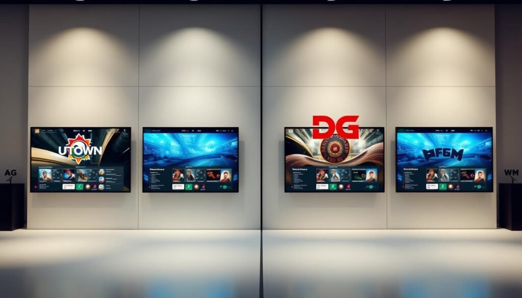 A professional-looking side-by-side comparison of four leading live dealer casino platforms - UTown, AG, DG, and WM. The scene depicts a sleek, minimalist user interface with vivid graphics and intuitive controls. The platforms are showcased in a clean, well-lit environment with neutral tones and soft shadows, creating a sense of sophistication and modernity. The layout allows for easy comparison of key features and functionalities across the four brands. The overall mood is one of clarity, confidence, and technological advancement, reflecting the high-quality experiences these platforms are designed to deliver. A professional-looking side-by-side comparison of four leading live dealer casino platforms - UTown, AG, DG, and WM. The scene depicts a sleek, minimalist user interface with vivid graphics and intuitive controls. The platforms are showcased in a clean, well-lit environment with neutral tones and soft shadows, creating a sense of sophistication and modernity. The layout allows for easy comparison of key features and functionalities across the four brands. The overall mood is one of clarity, confidence, and technological advancement, reflecting the high-quality experiences these platforms are designed to deliver.