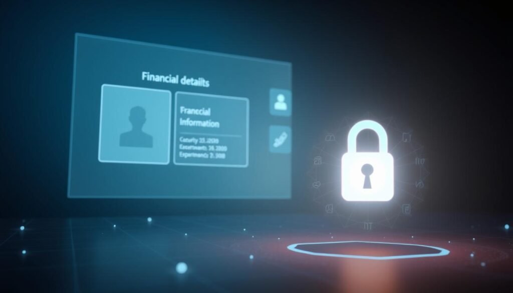 A serene and secure digital landscape where UTown's t9 trial experience unfolds. Soft lighting illuminates a clean, minimalist interface displaying financial details and personal information - icons representing safeguards against unauthorized access. In the foreground, a padlock symbol radiates an aura of trust, while the background subtly suggests the digital realm with subtle geometric patterns. The overall composition conveys a sense of protection, privacy, and the robust security measures that underpin the t9 trial, putting the user's assets and personal data at ease.