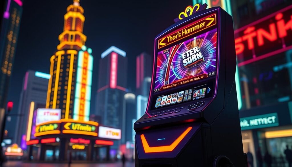 A sleek and modern payment system, the UTown "Thor's Hammer" slot machine features a seamless cashless interface. Set against a backdrop of vibrant neon-lit cityscape, the machine's bold, angular design commands attention. The vibrant display panel showcases a thrilling gaming experience, while the integrated contactless payment terminal allows effortless transactions. Detailed textures and lighting capture the machine's high-tech aesthetic, creating an immersive and futuristic atmosphere. The overall composition emphasizes the convenience and innovation of this cutting-edge payment solution. A sleek and modern payment system, the UTown "Thor's Hammer" slot machine features a seamless cashless interface. Set against a backdrop of vibrant neon-lit cityscape, the machine's bold, angular design commands attention. The vibrant display panel showcases a thrilling gaming experience, while the integrated contactless payment terminal allows effortless transactions. Detailed textures and lighting capture the machine's high-tech aesthetic, creating an immersive and futuristic atmosphere. The overall composition emphasizes the convenience and innovation of this cutting-edge payment solution.