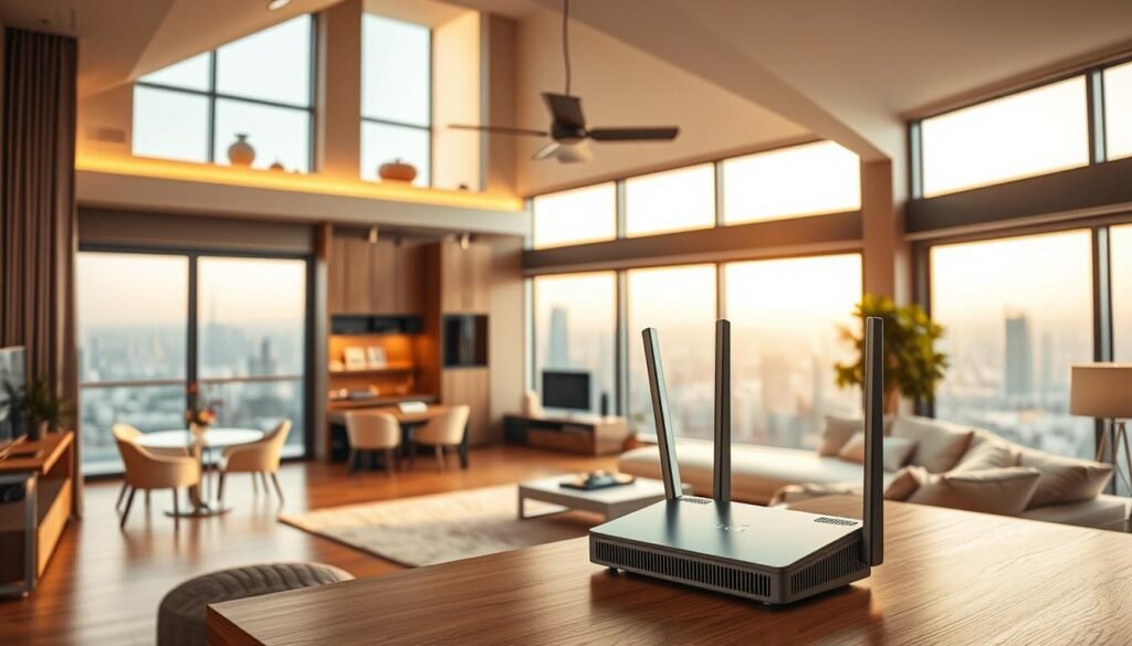 A spacious and well-lit modern home interior showcasing various networking devices. In the foreground, a Telecombrother Mesh Wi-Fi system prominently displayed, its sleek design and strategic placement demonstrating its coverage and integration into the living space. The middle ground features multiple rooms and devices connected seamlessly, highlighting the system's ability to provide reliable, high-speed internet throughout the home. The background depicts a panoramic view of the city skyline, emphasizing the urban setting and the need for robust home connectivity. The scene is bathed in warm, natural lighting, creating an inviting and harmonious atmosphere that reflects the comfort and convenience of a well-connected smart home.