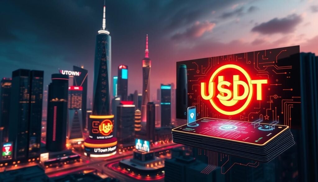 A visually striking scene showcasing the advantages of using USDT cryptocurrency in a global USDT entertainment hub. A modern, sleek cityscape with the UTown logo prominently displayed, bathed in a warm, inviting glow. In the foreground, a digital wallet interface illustrates the speed and security of USDT transactions, while in the background, skyscrapers and neon lights create an atmosphere of futuristic progress and innovation. The image conveys a sense of technological sophistication, financial security, and the thrill of high-stakes online entertainment. A visually striking scene showcasing the advantages of using USDT cryptocurrency in a global USDT entertainment hub. A modern, sleek cityscape with the UTown logo prominently displayed, bathed in a warm, inviting glow. In the foreground, a digital wallet interface illustrates the speed and security of USDT transactions, while in the background, skyscrapers and neon lights create an atmosphere of futuristic progress and innovation. The image conveys a sense of technological sophistication, financial security, and the thrill of high-stakes online entertainment.