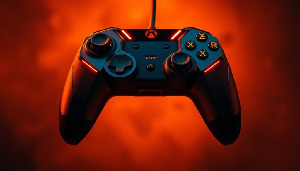 Dramatic close-up of the UTown &amp;amp;quot;雷神測試版&amp;amp;quot; video game controller, illuminated by warm, cinematic lighting. The sleek, angular design is accentuated by intricate metallic details and a bold, futuristic aesthetic. The controller appears to be levitating, suspended in a moody, atmospheric environment, hinting at the power and intensity of the game experience. The composition emphasizes the controller's striking silhouette, drawing the viewer's attention to its bold and commanding presence.