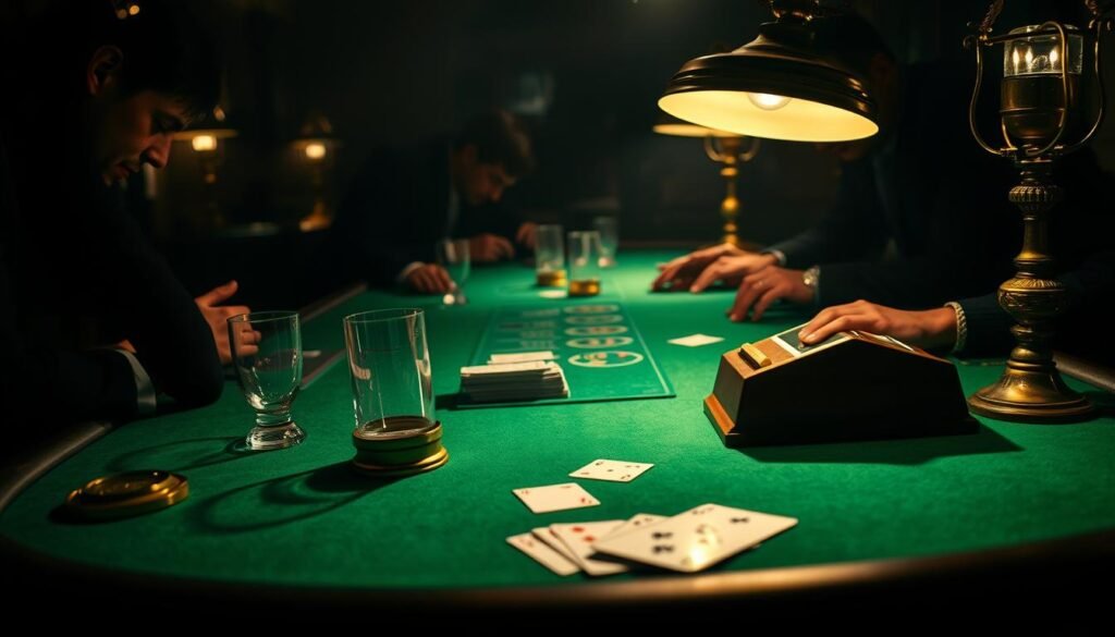 A dimly lit casino table, the green felt surface a canvas for the high-stakes game of Baccarat. Elegant glass tumblers, a deck of playing cards, and a wooden dealer's block set the scene. Shadows cast by the table's ornate brass lamps create a moody, atmospheric ambiance. The table's occupants, their faces obscured, lean intently over the game, captivated by the ebb and flow of the cards. The overall composition conveys the allure and potential perils of the Baccarat rules, a cautionary tale of the pitfalls that await the uninformed player.