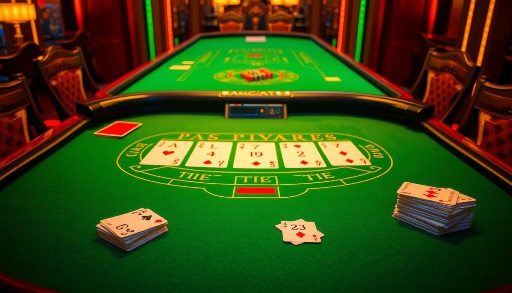 A neon-lit casino table, the green felt surface shimmering under warm overhead lighting. Crisp, clean-edged playing cards are neatly stacked, awaiting the next hand. In the center, a striking display of the iconic baccarat layout, with its distinct zones for the Player, Banker, and Tie bets. The table is flanked by elegant wooden chairs, inviting players to take their seats and immerse themselves in the elegant, high-stakes world of baccarat. The scene exudes an atmosphere of sophistication and excitement, reflecting the rules and strategies that govern this captivating casino game.