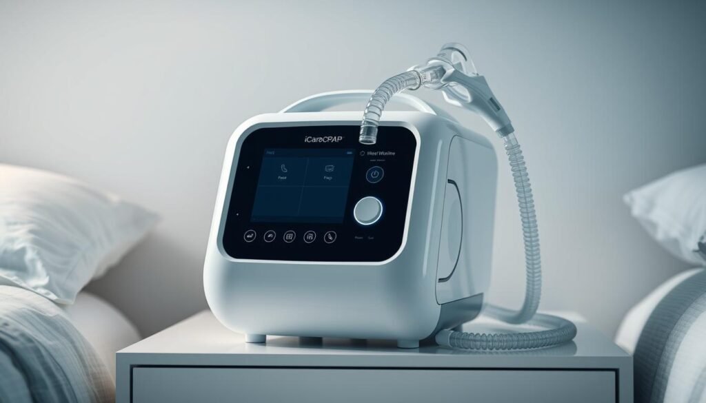 A sleek and modern iCareCPAP sleep apnea machine, its pristine white exterior gleaming under soft, diffused lighting. The device sits prominently on a minimalist nightstand, exuding a sense of advanced medical technology seamlessly integrated into the bedroom environment. The front panel displays intuitive controls, while air tubes elegantly snake towards a comfortable nasal mask. The overall composition conveys the machine's essential role in providing restful, uninterrupted sleep for those with sleep-disordered breathing, a critical component in the holistic treatment of this condition.