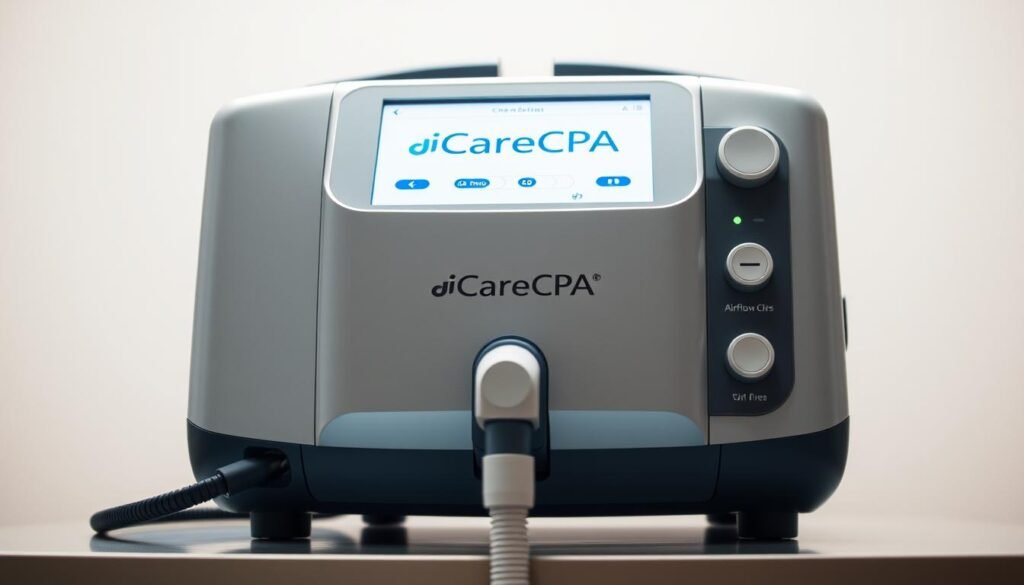 A sleek, modern medical device with the iCareCPAP brand logo prominently displayed. The device is shown in a well-lit, clinical setting, with a soft, neutral background that emphasizes its purpose and functionality. The image showcases the various airflow settings and components of the CPAP machine, highlighting its versatility and advanced design. The lighting is crisp and evenly distributed, creating a sense of professionalism and high-quality craftsmanship. The angle of the shot allows for a clear view of the machine's controls and features, providing a detailed examination of its capabilities. The overall mood is one of precision, innovation, and the reliable medical technology needed for effective sleep apnea treatment.