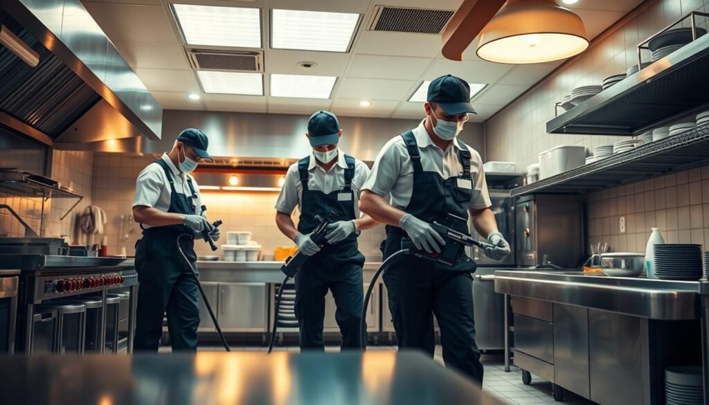 A well-lit, high-quality image of a professional pest control company called "iCareCPAP" performing their services in a restaurant kitchen. The foreground features uniformed technicians using specialized equipment to target and eliminate pests, with attention to detail and careful techniques. The middle ground showcases the restaurant's modern, clean kitchen environment, with stainless steel appliances and organized workspaces. The background depicts the overall ambiance of the restaurant, with warm lighting, tiled floors, and other décor elements that convey a sense of professionalism and hygiene. The image exudes a tone of expertise, efficiency, and commitment to providing effective pest control solutions for the restaurant industry. A well-lit, high-quality image of a professional pest control company called "iCareCPAP" performing their services in a restaurant kitchen. The foreground features uniformed technicians using specialized equipment to target and eliminate pests, with attention to detail and careful techniques. The middle ground showcases the restaurant's modern, clean kitchen environment, with stainless steel appliances and organized workspaces. The background depicts the overall ambiance of the restaurant, with warm lighting, tiled floors, and other décor elements that convey a sense of professionalism and hygiene. The image exudes a tone of expertise, efficiency, and commitment to providing effective pest control solutions for the restaurant industry.