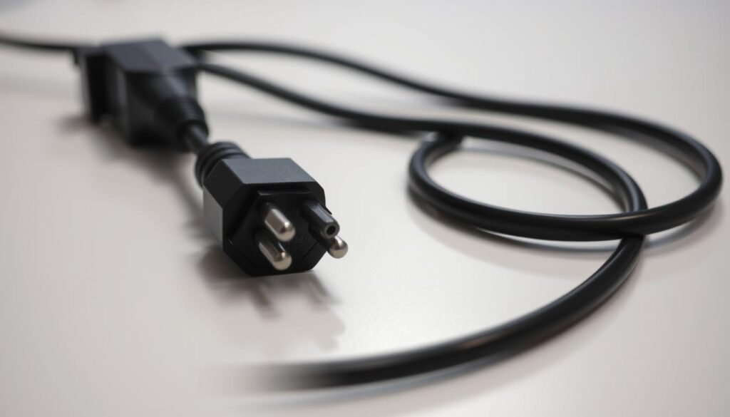 A close-up view of an iCareCPAP sleep apnea machine's power cord, lying on a clean, well-lit tabletop. The cord is perfectly straight, its black rubber exterior glistening. The plug at the end is clearly visible, with its metal prongs gleaming. The lighting is soft and even, creating a calm, clinical atmosphere. The angle is slightly tilted to showcase the cord's length and flexibility. The focus is sharp, drawing the viewer's attention to the intricate details of the power cord's construction and condition. A close-up view of an iCareCPAP sleep apnea machine's power cord, lying on a clean, well-lit tabletop. The cord is perfectly straight, its black rubber exterior glistening. The plug at the end is clearly visible, with its metal prongs gleaming. The lighting is soft and even, creating a calm, clinical atmosphere. The angle is slightly tilted to showcase the cord's length and flexibility. The focus is sharp, drawing the viewer's attention to the intricate details of the power cord's construction and condition.