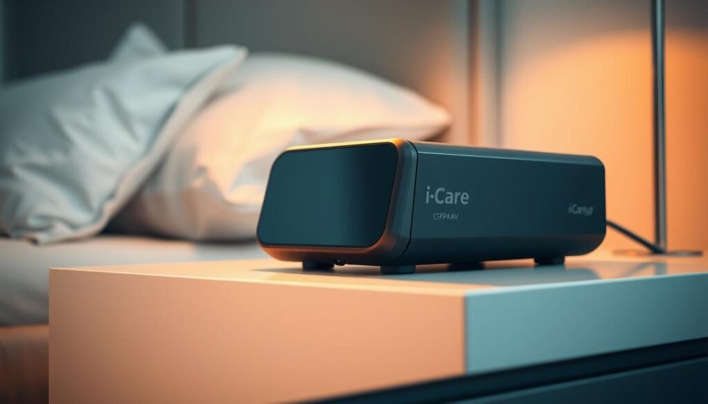 A high-quality, detailed iCareCPAP sleep apnea machine placed on a sleek, modern bedside table. The machine has a smooth, matte black finish and clean, minimalist design. It is illuminated by soft, warm lighting from above, casting gentle shadows that highlight its form. The machine is situated in the foreground, with a blurred, out-of-focus background that suggests a serene, bedroom environment. The overall mood is one of calm, comfort, and technological sophistication, reflecting the device's purpose of providing restful, restorative sleep.