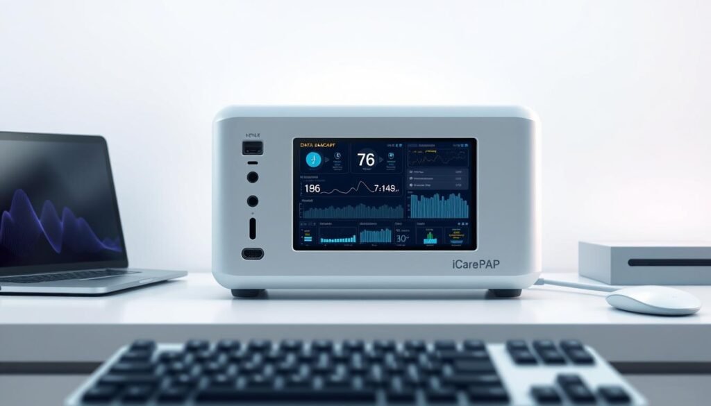 A high-resolution, digital illustration of a medical data backup device specifically designed for iCareCPAP sleep apnea machines. The device features a sleek, modern aesthetic with a minimalist, white and silver color scheme. It has a prominent central display showing various respiratory statistics and graphs, surrounded by input/output ports and backup storage slots. The device is situated on a clean, minimalist desk, with a laptop and keyboard in the foreground. Soft, directional lighting creates depth and highlights the various components. The overall atmosphere conveys a sense of technological sophistication and medical precision, suitable for illustrating the importance of sleep apnea machine data backup.