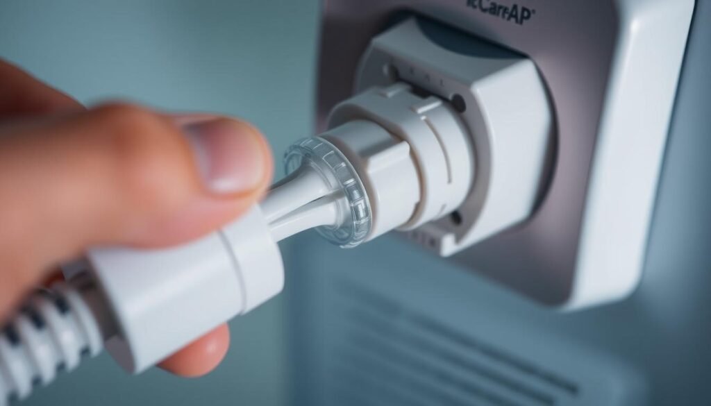 A well-lit, close-up view of an iCareCPAP sleep apnea machine's power cord, showcasing a thorough inspection process. The cord's insulation is meticulously examined for any signs of wear, damage, or fraying. The image captures the attention to detail required to ensure the respiratory device's safe and reliable operation, reflecting the "Common Malfunctions and Solutions" section of the article on sleep apnea machine user safety. The lighting is balanced, emphasizing the technical nature of the task, and the angle allows for a clear, unobstructed view of the power cord's condition. A well-lit, close-up view of an iCareCPAP sleep apnea machine's power cord, showcasing a thorough inspection process. The cord's insulation is meticulously examined for any signs of wear, damage, or fraying. The image captures the attention to detail required to ensure the respiratory device's safe and reliable operation, reflecting the "Common Malfunctions and Solutions" section of the article on sleep apnea machine user safety. The lighting is balanced, emphasizing the technical nature of the task, and the angle allows for a clear, unobstructed view of the power cord's condition.