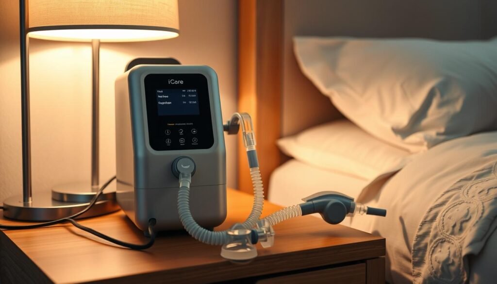 A well-lit, detailed image of an iCareCPAP sleep apnea machine setup on a nightstand. The machine has a sleek, modern design with a digital display and intuitive controls. Beside it, a nasal mask and tubing are neatly arranged, ready for use. The nightstand is made of warm, natural wood, and a reading lamp casts a soft glow over the scene. The background features a cozy, minimalist bedroom with muted colors, creating a calming, restorative atmosphere. The image conveys the ease and comfort of using this sleep apnea treatment device for restful, uninterrupted sleep.