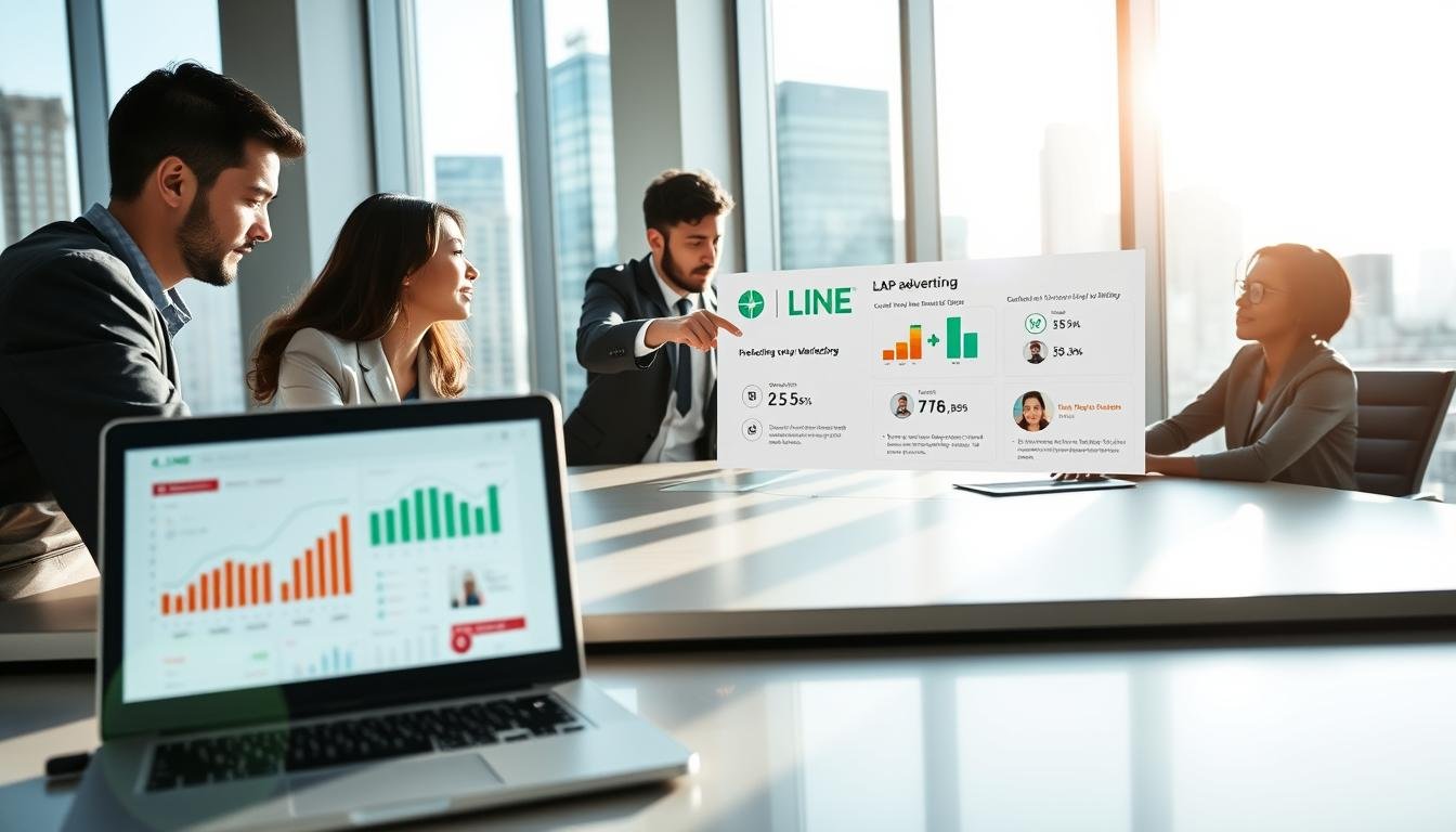 A modern office setting focused on digital marketing strategies, featuring a diverse group of four professionals engaged in a brainstorming session around a large conference table. The foreground includes a laptop displaying the LINE app interface, with graphs and analytics visible on the screen. In the middle ground, one individual is pointing at a digital presentation board illustrating key statistics related to LINE LAP and LAP advertising. The background shows a city skyline through large windows, with soft daylight pouring in, creating a bright and inspiring atmosphere. The professionals are dressed in smart business attire, exuding a sense of collaboration and innovation. The image should convey a mood of focus and determination, highlighting the importance of understanding digital marketing strategies.