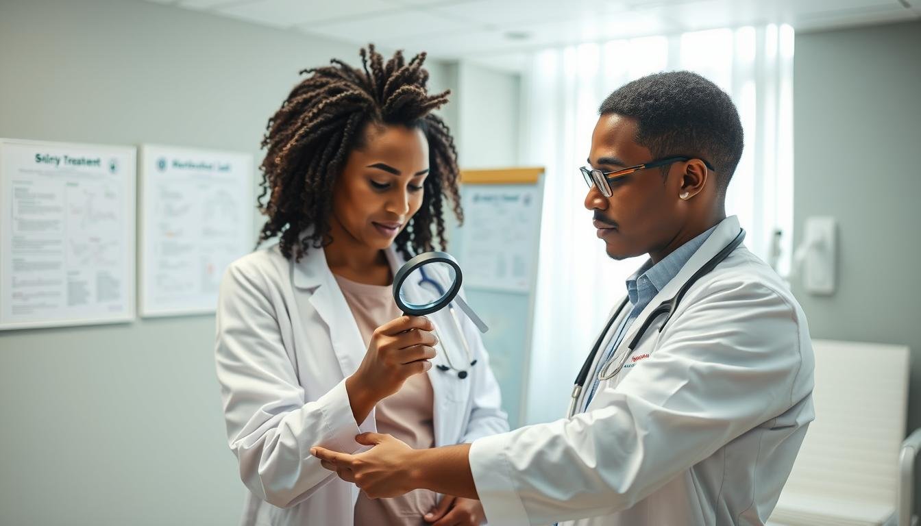 A professional dermatologist examines a patient's skin in a modern clinic environment, focusing on the treatment of eczema. In the foreground, a diverse healthcare professional in a white coat uses a magnifying glass to inspect an inflamed skin patch on the patient's arm, who is wearing modest casual clothing. The middle ground features medical charts and information about eczema treatment plans, highlighting the importance of understanding genetic factors in skin conditions. The background shows a well-lit, sterile medical room with calming colors, emphasizing a sense of hope and healing. Soft, natural lighting filters through a window, creating a warm and inviting atmosphere. The image captures the essence of effective eczema treatment solutions and its significance.