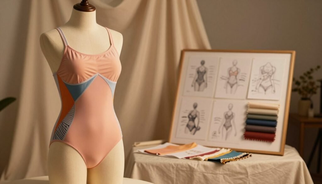 A beautifully designed athletic swimwear piece presented on a sleek mannequin, positioned in the foreground. The swimwear features elegant lines, a mix of vibrant colors and subtle patterns, embodying the harmonious blend of style and function. In the middle ground, a softly lit studio backdrop with draped fabric enhances the luxurious feel of the design, while an artfully arranged display of design sketches and fabric swatches adds context. The background is softly blurred, creating a warm, inviting atmosphere that evokes creativity and sophistication. The lighting is warm and gentle, casting a soft glow over the scene, reminiscent of a cozy design studio. The overall mood is intimate and artistic, celebrating the unique design philosophy of PM Secret swimwear. 4:3 aspect ratio.