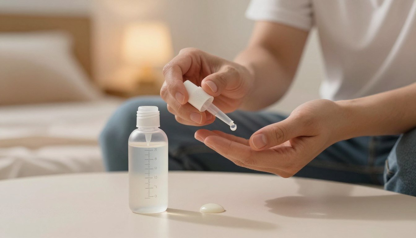 A carefully arranged scene illustrating the correct amount of personal lubricant usage. In the foreground, a clean, transparent bottle of lubricant sits on a soft, neutral-colored surface, with a small measured amount dispensed next to it, showing its viscosity. The middle ground features a pair of well-groomed hands in modest casual attire, gently showcasing the lubricant application technique. The background includes soft-focus elements like a cozy bedroom setting with warm lighting, enhancing a romantic and inviting atmosphere. Use a slightly shallow depth of field to draw attention to the hands and the lubricant while keeping the overall image warm and intimate, evoking a sense of care and professionalism. Aspect ratio should be 4:3.