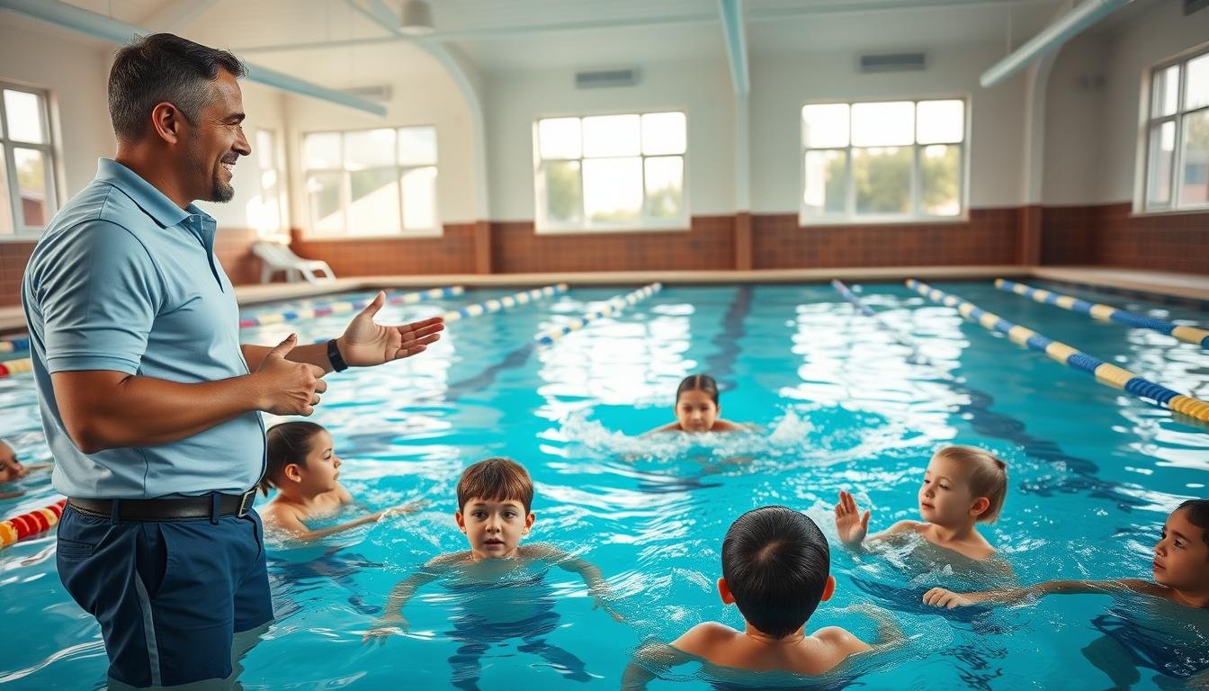 A dedicated swimming instructor, dressed in a professional polo shirt and shorts, is actively guiding a group of children in a swimming training session at a well-maintained indoor pool. In the foreground, the coach demonstrates proper stroke techniques, animated and encouraging, while a few young swimmers practice under the coach's watchful eye. The children, wearing modest swim attire, are focused and engaged, splashing in the water. In the middle ground, the pool's clear blue water glistens under bright overhead lights, creating a vibrant atmosphere. In the background, large windows allow natural light to flood the area, enhancing the lively and positive learning environment. The overall mood is energetic and supportive, showcasing best practices in swimming education.