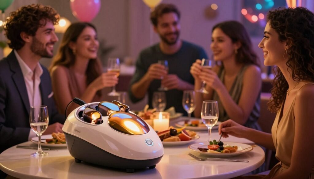 A lively and vibrant party scene showcasing a tastefully designed adult massage device discreetly placed among party decorations and snacks on a elegantly set table. In the foreground, the massage device is stylish and modern, reflecting warm lights that enhance its inviting appearance. In the middle, guests dressed in professional business attire or chic casual clothing are socializing, laughing, and enjoying themselves, with a few curiously glancing at the device, emphasizing its intriguing role in the gathering. The background features soft ambient lighting and colorful decorations, creating a cozy and intimate atmosphere. The overall mood is playful yet sophisticated, capturing a unique blend of social interaction and modern lifestyle, in a cinematic style with a 4:3 aspect ratio.
