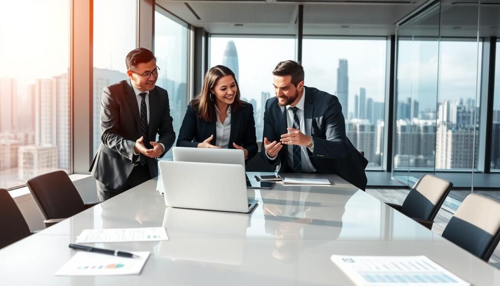 A modern and professional office environment, showcasing a diverse group of three business professionals engaged in a collaborative discussion around a sleek conference table. The foreground includes documents and a laptop, emphasizing the theme of auditing services. In the middle, the individuals, dressed in smart business attire, represent a mix of genders and ethnicities, actively gesturing and sharing insights, conveying confidence and expertise. The background features large windows with a view of Hong Kong's skyline, with natural light illuminating the scene, creating a sense of openness and innovation. The atmosphere is dynamic yet focused, embodying the unique advantages and commitment of OneStart's auditing services in Hong Kong.