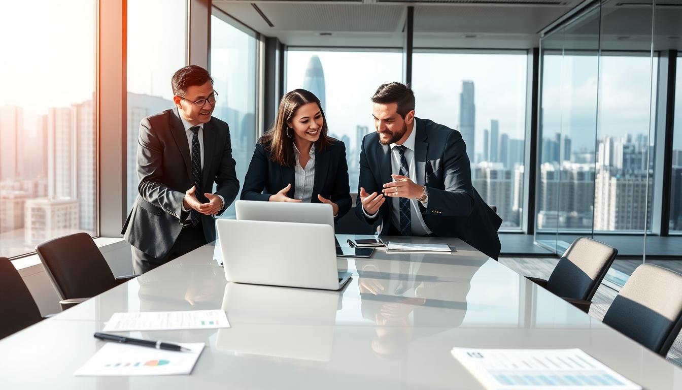 A modern and professional office environment, showcasing a diverse group of three business professionals engaged in a collaborative discussion around a sleek conference table. The foreground includes documents and a laptop, emphasizing the theme of auditing services. In the middle, the individuals, dressed in smart business attire, represent a mix of genders and ethnicities, actively gesturing and sharing insights, conveying confidence and expertise. The background features large windows with a view of Hong Kong's skyline, with natural light illuminating the scene, creating a sense of openness and innovation. The atmosphere is dynamic yet focused, embodying the unique advantages and commitment of OneStart's auditing services in Hong Kong.