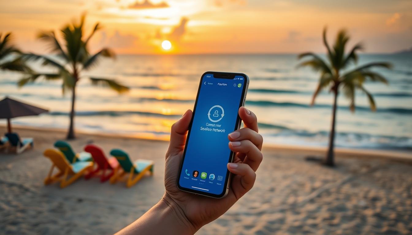 A traveler standing on a picturesque beach in Southeast Asia, holding a smartphone displaying the OceanEsim app, with a stunning ocean view behind them. The foreground features a person dressed in modest casual clothing, engaged in using the app to connect over a seamless network. In the middle, colorful beach chairs and palm trees create a relaxed atmosphere. The background showcases a vibrant sunset over the ocean, casting warm golden and orange hues across the scene, reflecting off gentle waves. The lighting is soft and warm, enhancing the tranquil mood of travel and connectivity. The angle captures the traveler in a way that emphasizes both the technology in hand and the beautiful natural surroundings, evoking a sense of adventure and ease of communication while traveling.