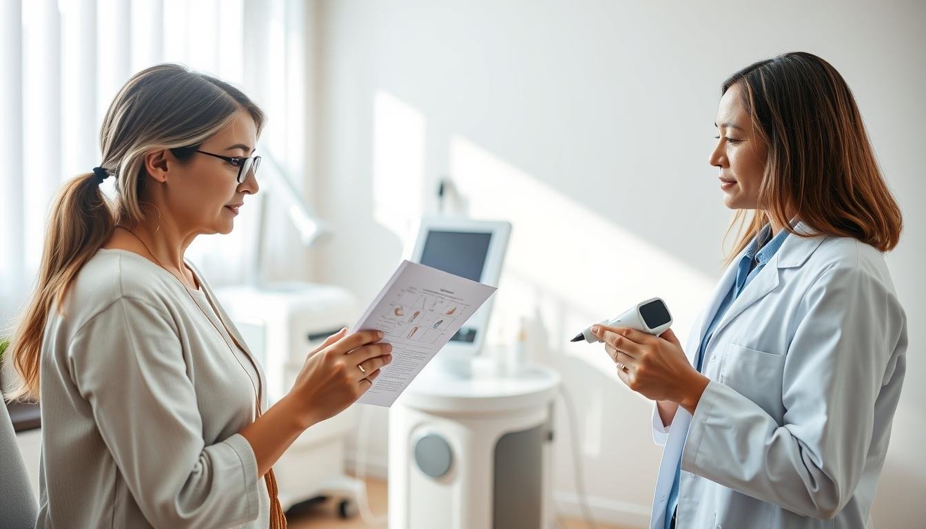 A clinical setting focused on evaluating contraindications for laser spot removal, featuring a dermatologist interacting with a patient. In the foreground, the dermatologist, a middle-aged Asian woman in a white coat, examines a skin chart while holding a medical device, portraying professionalism and expertise. The patient, a young Caucasian woman in modest casual attire, looks interested and attentive. In the middle ground, a bright, well-lit examination room with medical equipment, including a laser machine and skincare products, enhances the clinical atmosphere. The background is softly blurred to maintain focus on the interaction. Natural daylight streams in through a window, creating a warm and inviting mood, emphasizing the trust, care, and professionalism in a medical consultation.
