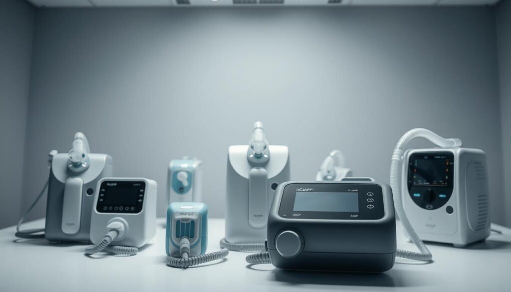 A well-lit medical display showing a range of advanced iCareCPAP breathing devices, including CPAP, BiPAP, and APAP machines. The devices are arranged in a clean, minimalist composition, with a subtle color palette of grays, blues, and whites. The lighting is soft and diffused, creating a sense of medical professionalism and technical precision. The angle of the shot highlights the sleek, modern designs of the iCareCPAP machines, showcasing their various features and settings. The background is slightly blurred, keeping the focus on the breathing devices and their intended purpose in the treatment of sleep-related respiratory issues.