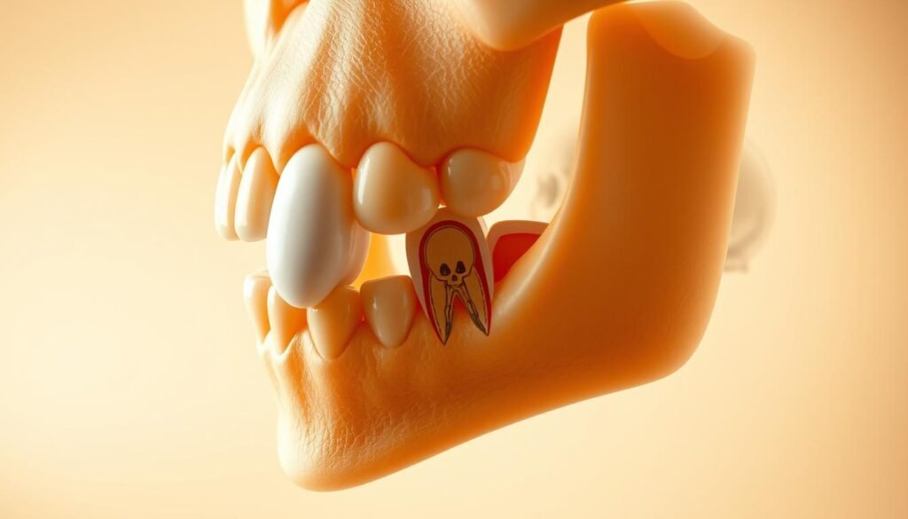 A close-up, highly detailed illustration of a human jaw showcasing the growth of wisdom teeth, set against a soft, neutral background. In the foreground, focus on a partially erupted wisdom tooth nestled between fully developed molars, with clear distinction in their textures. The middle layer displays a cross-section of the jawbone, revealing the roots and surrounding tissue, enhanced with subtle anatomical labels for clarity but without text. In the background, a blurred anatomical diagram of a human skull adds context without distraction. Soft, warm lighting creates an inviting atmosphere, while the angle is slightly tilted to provide depth. The overall mood should be informative yet approachable, aiming to educate viewers about the nature of wisdom teeth growth and the reasons some individuals may not develop them.