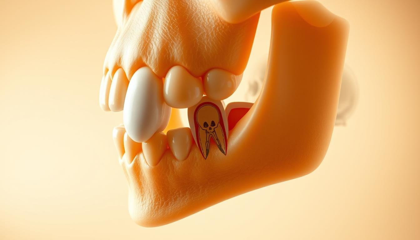 A close-up, highly detailed illustration of a human jaw showcasing the growth of wisdom teeth, set against a soft, neutral background. In the foreground, focus on a partially erupted wisdom tooth nestled between fully developed molars, with clear distinction in their textures. The middle layer displays a cross-section of the jawbone, revealing the roots and surrounding tissue, enhanced with subtle anatomical labels for clarity but without text. In the background, a blurred anatomical diagram of a human skull adds context without distraction. Soft, warm lighting creates an inviting atmosphere, while the angle is slightly tilted to provide depth. The overall mood should be informative yet approachable, aiming to educate viewers about the nature of wisdom teeth growth and the reasons some individuals may not develop them.