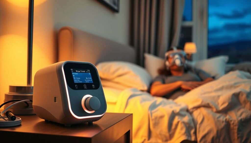 A serene bedroom scene featuring a modern BiPAP machine on a bedside table, gently illuminated by soft, warm light. In the foreground, the machine's sleek design is highlighted, showcasing its comfortable mask and user-friendly interface. In the middle ground, a patient, comfortably resting in bed, wears the BiPAP mask, appearing relaxed and at ease, clad in modest sleepwear. The background includes calming decor, such as soothing wall colors and soft bedding, creating a peaceful atmosphere. A window can be seen, revealing a tranquil night sky, enhancing the mood of restful sleep and advanced respiratory support. The overall composition conveys comfort, innovation, and a sense of relief for those managing COPD during the night, without any distractions or text overlays.
