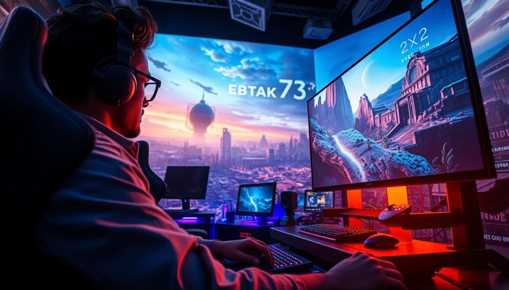 A vivid scene showcasing a dynamic gaming environment that highlights "3A" entertainment and its impact on the gaming experience. In the foreground, a player immersed in a high-end gaming setup, wearing professional casual clothing, intensely focused on a large screen displaying stunning visuals of a sci-fi landscape. The middle ground captures an array of futuristic gaming peripherals, like a sleek gaming chair, colorful LED lights, and interactive controls, emphasizing technological advancement. In the background, an atmospheric digital landscape filled with intricate details, showcasing vibrant colors and smooth textures that suggest high system fluidity. Soft, ambient lighting enhances the mood, creating a sense of excitement and immersion, while a low angle shot captures the essence of the gaming world from the player's perspective.
