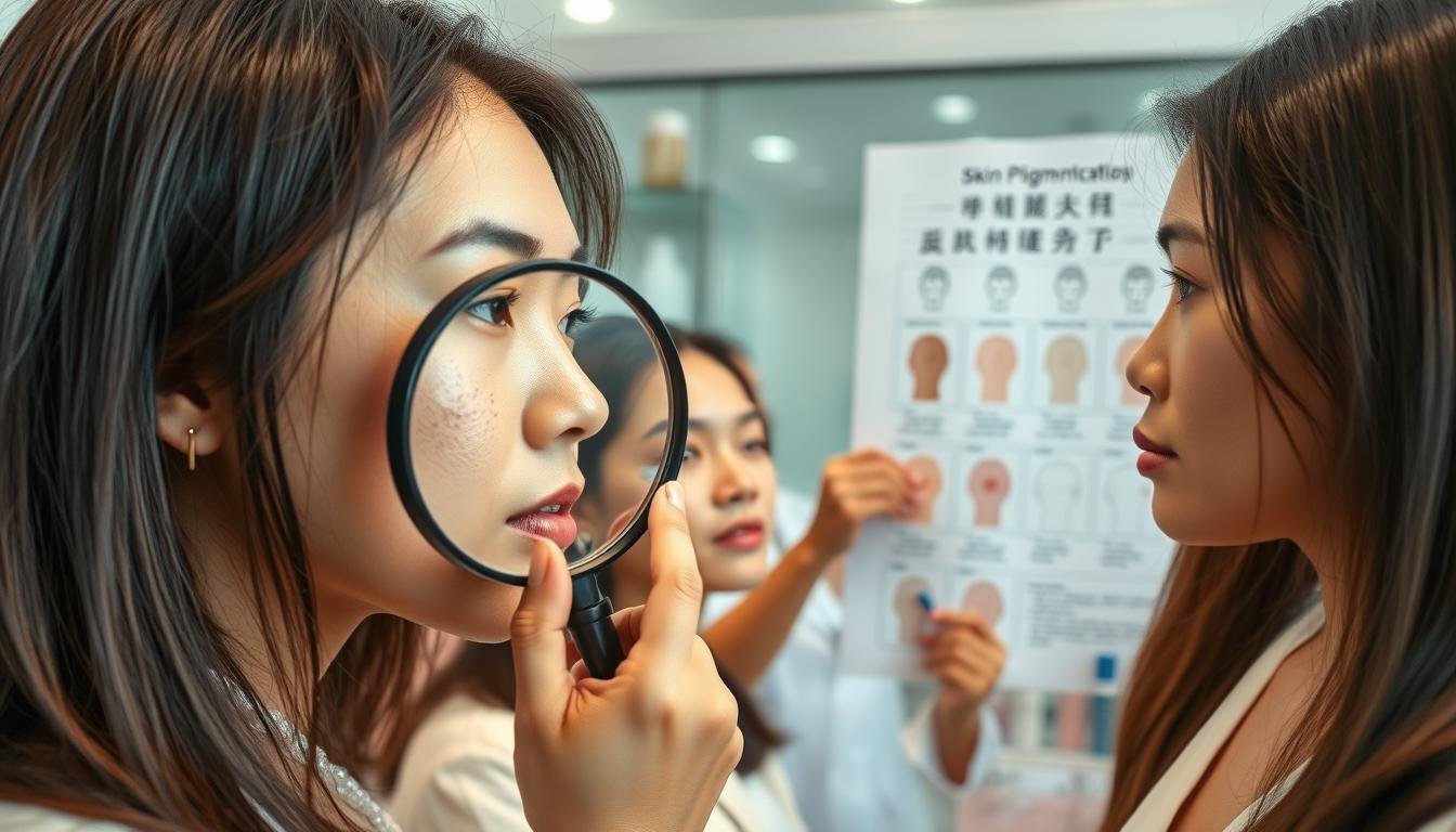 A close-up view of a diverse group of Hong Kong women in a professional setting, each examining their skin in a well-lit clinic. The foreground features a woman with a magnifying glass closely inspecting her face, showcasing different types of skin pigmentation, ranging from freckles to hormonal spots. In the middle, a dermatologist points at a skin chart that outlines the differences between various pigmentation types. The background features a modern aesthetic with soft pastel colors, medical equipment, and skincare products. The overall atmosphere is informative and reassuring, with natural light highlighting the diversity of skin tones and textures. The lens should capture the scene clearly, with a slight depth of field to focus on the women and their interactions, enhancing the educational theme.