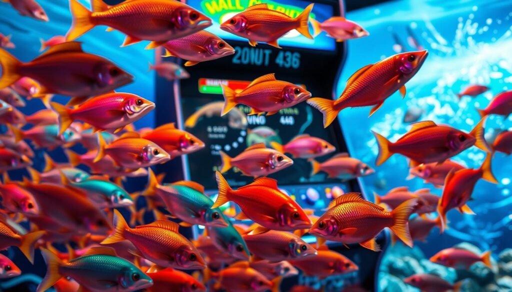 A dynamic scene of a vibrant arcade fishing game, showcasing a lively school of fish swimming in intricate patterns. In the foreground, multi-colored fish dart playfully, their scales glimmering as they catch the light. The middle section features a detailed view of an arcade machine with a sleek cannon interface, emphasizing the interplay between the cannon's firing angles and the fish's movements. The background showcases an animated, digital ocean environment with shimmering waves, creating a sense of depth and excitement. Soft, colorful lighting enhances the energetic atmosphere of the arcade, evoking a sense of fun and challenge. The perspective is slightly tilted for a dynamic effect, inviting viewers into the immersive gaming experience.